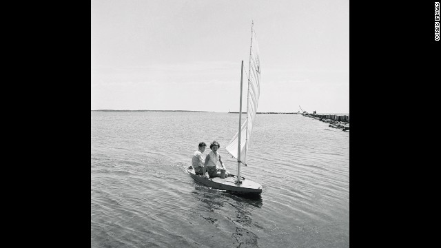 The then-senator engages in his favorite pastime of sailing at Hyannisport, Massachusetts, with Jackie in July 1960. 