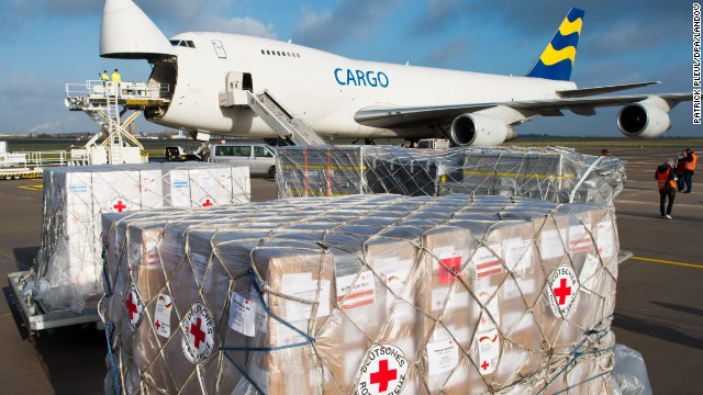 Relief supplies are loaded onto an airplane in Germany on November 13.