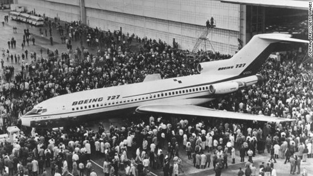 Crowds gather for the first viewing of the Boeing 727 jet airliner in Seattle in December 1962. The aircraft's first flight would take place on February 9, 1963.