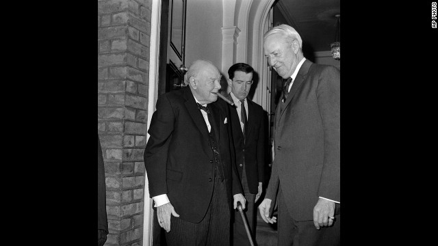 David Bruce, the American ambassador to Britain, takes leave of Sir Winston Churchill at Hyde Park Gate, London, on April 10, 1963, after presenting the former British prime minister with a proclamation naming him the first honorary citizen of the United States, a title given to him the day before on April 9, 1963.