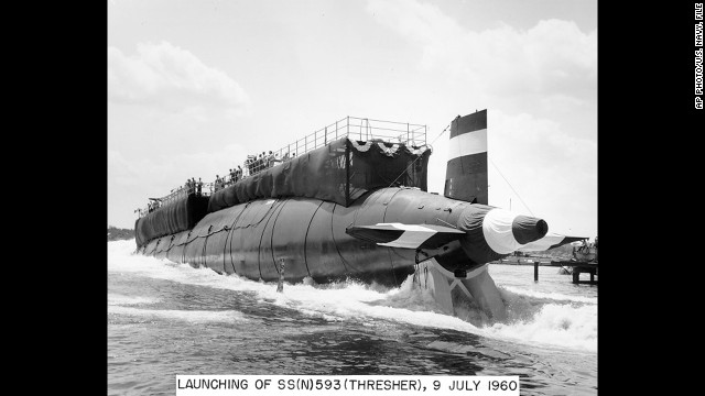 On April 10, 1963, 129 men lost their lives when the nuclear-powered submarine USS Thresher sank during deep-dive testing off Cape Cod. The sub is seen here during its launch in 1960. The sinking is the deadliest submarine disaster in U.S. history and delivered a blow to national pride during the Cold War, becoming the impetus for safety improvements.