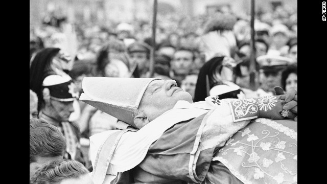 The late Pope John XXIII's body is borne across St. Peter's Square on June 4, 1963, to St. Peter's Basilica from the papal apartment in the Apostolic Palace. He died the day before from a malignant stomach tumor.