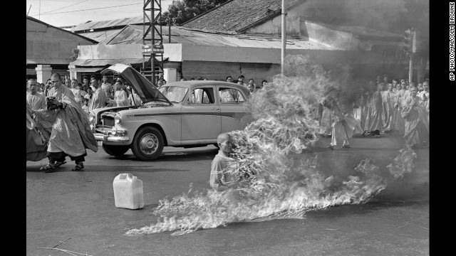 Thich Quang Duc, a Buddhist monk, burned himself to death on a Saigon street June 11, 1963, to protest alleged persecution of Buddhists by the South Vietnamese government.