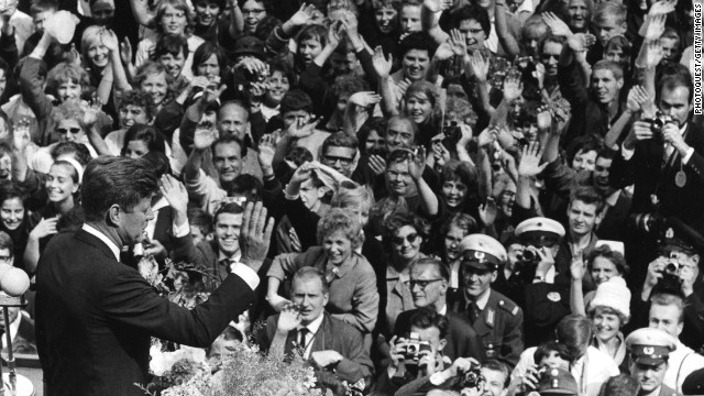 American President John F. Kennedy speaks to a massive crowd in Berlin on June 26, 1963.