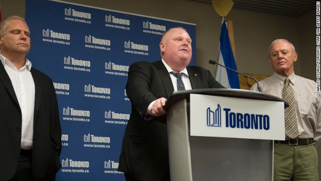 Ford denies using crack cocaine during a press conference at City Hall on May 24. On his right is Deputy Mayor Doug Holyday and on his left is his brother Councilor Doug Ford. Allegations that the Mayor had been caught on video smoking crack surfaced in news reports in May. Ford initially insisted the video didn't exist, sidestepped questions about whether he had ever smoked crack and rebuffed growing calls to step down.