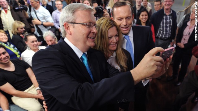 After the Sky News People's Forum in August, then-Australian Prime Minister Kevin Rudd, left, and opposition leader Tony Abbott took a selfie with Nada Makdessi in Sydney. Abbott became prime minister in September.