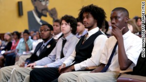 Students listen to Education Secretary Arne Duncan at an event in Washington in August.\n\n