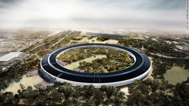 Apple is planning an expansion of its corporate headquarters on a 176-acre plot in Cupertino, California -- a site that was once home to HP and Compaq. This rendering shows the spaceship-like main building, which has 2.8 million square feet and room for 13,000 employees. 