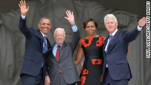 Obama, first lady Michelle Obama and ex-Presidents Clinton and Carter at the March on Washington\'s 50th anniversary. 