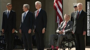 President Barack Obama with ex-Presidents George W. Bush, Bill Clinton, George H.W. Bush and Jimmy Carter in Dallas. 