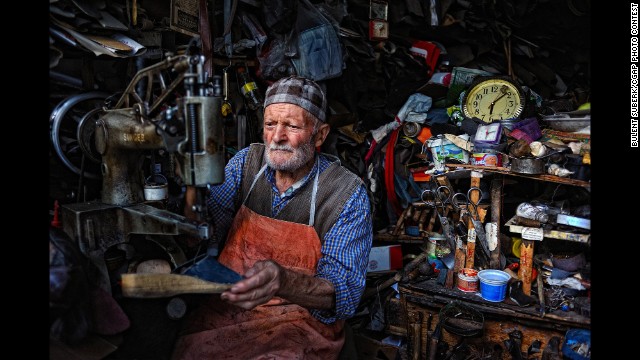 This 84-year-old Turkish man manages a shoe repair shop that affords him a decent income.