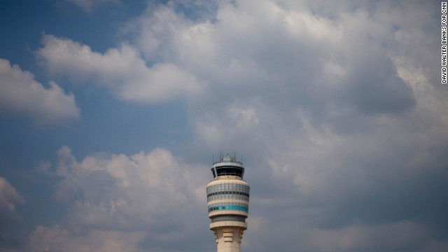 The air traffic control tower offers a 360-degree view of the runways.