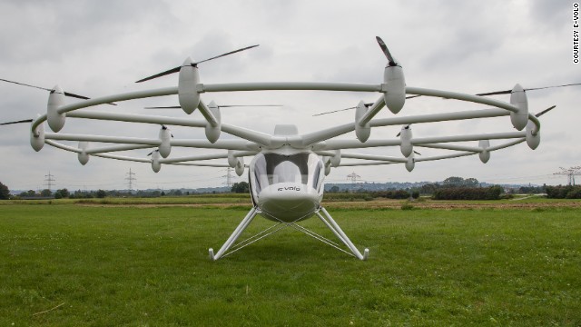 The futuristic two-person helicopter is powered by a 100 kilogram battery.