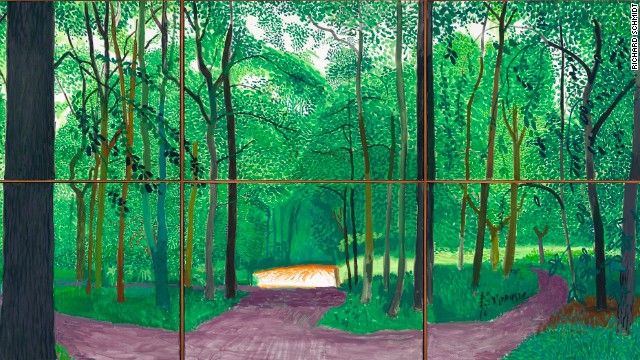 Hockney features Woldgate Woods, the forested area surrounding his Bridlington, England home, not only in oil, as it's seen here, but also in iPad drawings, charcoal, watercolor, and multi-perspective cubist movies. 