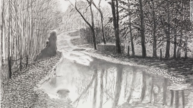 Detail of Woldgate After the Rain. While Hockney's use of technology is notable, analog mediums prove useful as well: here, he relies on charcoal to emphasize winter's lifelessness.