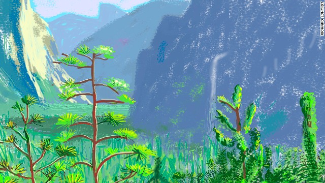 A detail of Yosemite I. Hockney's famously bright aesthetic translates well to the iPad, which allows him to match colors and tones faster than ever before.