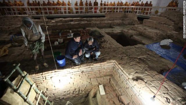 Coningham, left, and Kosh Prasad Acharya direct excavations within the Maya Devi Temple. They uncovered a series of ancient temples; the oldest, they say, is from the sixth century B.C.