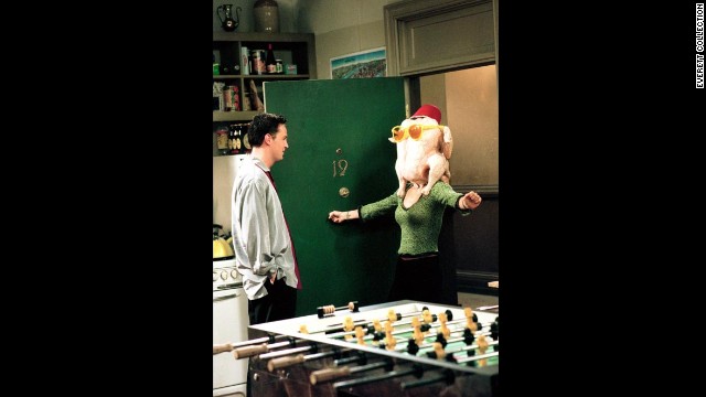 In this first "Friends" Thanksgiving episode, Monica (Courteney Cox) -- shown here with Chandler (Matthew Perry) -- spends much of her day trying to please everyone with an assortment of holiday dishes. However, when Underdog, the Macy's Day parade balloon, floats away, the whole group is locked out of the apartment, leaving the meticulously prepared meal in shambles.