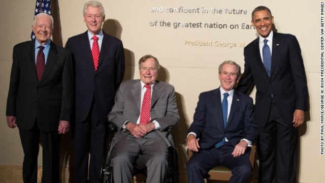 Former presidents Carter, Clinton, Bush 41, Bush 43, and President Barack Obama pose at opening of George W. Bush Presidential Center. 