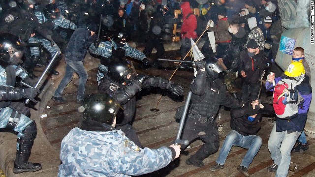 Dozens of protesters were wounded in a clash with police in Kiev on November 30.