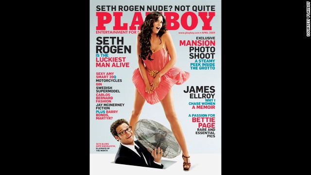 Seth Rogan appears on the cover in April 2009. In Playboy's 60-year history, the magazine has featured a man on the cover 10 times. The first was Peter Sellers in April 1964. Other men on the cover: Burt Reynolds, Steve Martin, Donald Trump, Dan Aykroyd, Jerry Seinfeld, Leslie Nielsen, Gene Simmons and Bruno Mars.