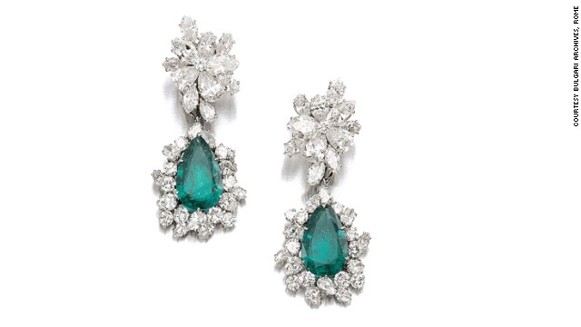 The intricate emerald and diamond earrings were made by the Italian jeweler Bulgari in 1964, and were auctioned by Sotheby's in May.