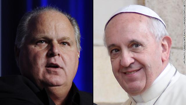 Talk show radio host Rush Limbaugh, left, condemns Pope Francis' proclamation of the Catholic gospel as 