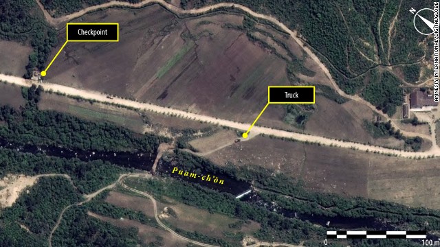 A satellite image shows a checkpoint on the main road. Amnesty International said these images indicate that repression by the North Korean authorities has continued in spite of growing calls for the country to close its political prison camps.