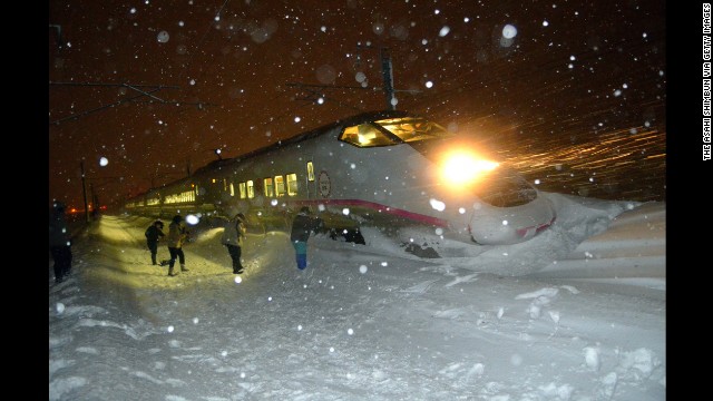 <strong>March 2:</strong> A six-car bullet train in northern Japan sits in the snow after derailing in blizzard conditions. Nobody aboard the train was injured.