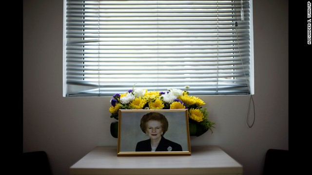 <strong>April 9:</strong> A portrait of former British Prime Minister Margaret Thatcher is arranged in a condolence room at the British Embassy in Beijing. Thatcher died the day before at the age of 87.