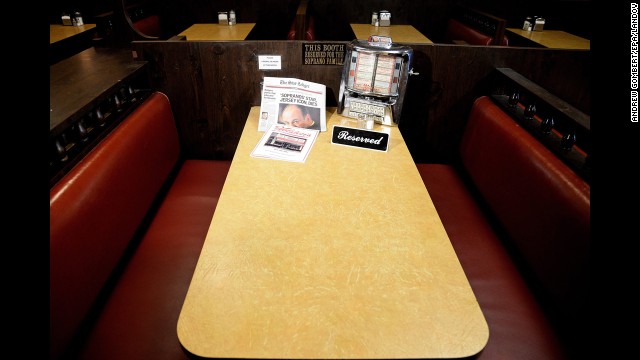 <strong>June 20:</strong> A reserved sign is placed on a table at Holsten's ice cream parlor in Bloomfield, New Jersey, on the day actor James Gandolfini died of a heart attack in Italy. Holsten's is where Gandolfini filmed the final scene of the final episode of the television series "The Sopranos."