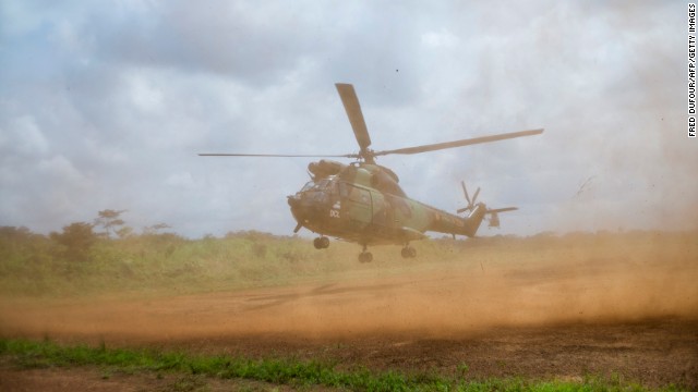 A French helicopter lands at a base camp in Cameroon on Friday, December 6.