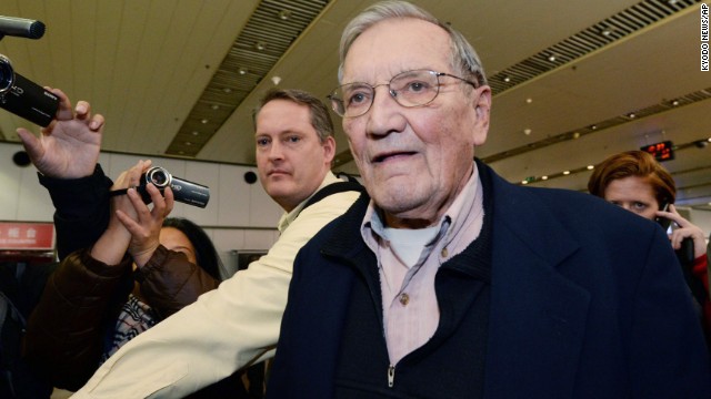 U.S. tourist and Korean War veteran Merrill Newman arrives at the Beijing airport Saturday, December 7, after being released by North Korea. Newman was detained October 26 by North Korean authorities just minutes before he was to depart the country after visiting through an organized tour. His son Jeff Newman says the Palo Alto, California, man had all the proper paperwork and set up his trip through a North Korean-approved travel agency. 