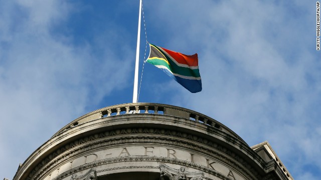 A South African flag flies at half-staff to honor Mandela on December 8 at the South African High Commission in London's Trafalgar Square.