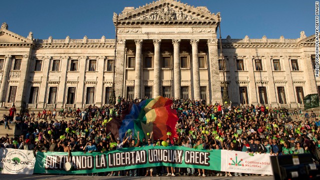 People rally for the legalization of marijuana in front of the Legislative Palace in Montevideo, Uruguay, on Monday.