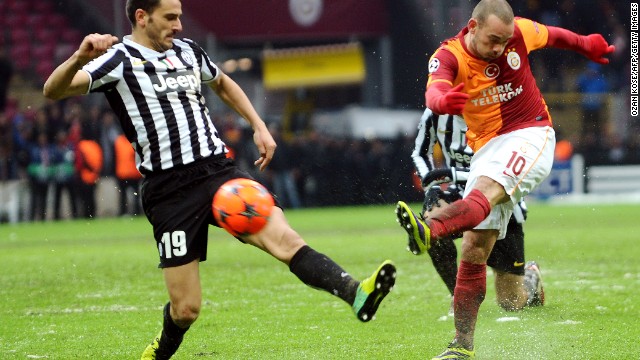 Dutch forward Wesley Sneijder (right) scored a late goal for Galatasaray against Juventus in Istanbul. Victory for the Turkish champions means they and not the Italian league leaders go through to the last 16. The game which started on Tuesday, but was halted after 32 minutes because of a snowstorm, played to a conclusion on Wednesday. 