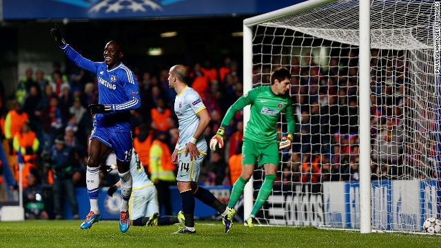 Dembe Ba (left) celebrates Chelsea's opening goal against Steaua Bucharest at Stamford Bridge on Wednesday. Chelsea's 1-0 win against the Romanian champions ensured they finished Group E as winners. 