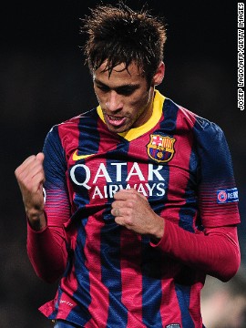 Barcelona striker Neymar celebrates scoring his first Champions League goal against Celtic in the Group H match at the Nou Camp. The Catalans thumped the Scottish champions 6-1 with Neymar completing a hat-trick. 