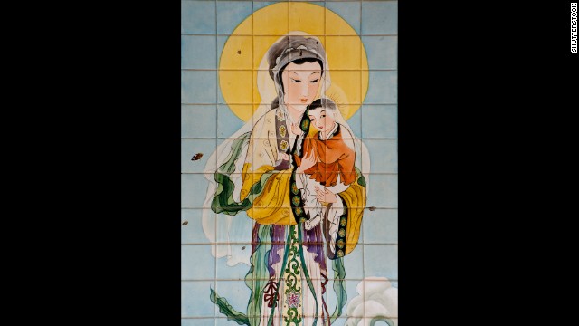 A painted tile artwork from China at the Church of the Annunciation in Nazareth, Israel, depicts Mary and Jesus. 
