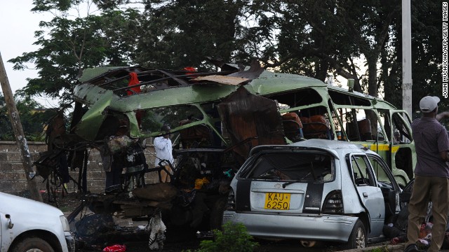 Wreckage of the minivan targeted in a grenade attack in Nairobi, Kenya.