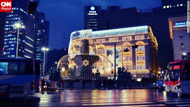 Seoul's Shinsegae Department Store, covered in lights, was this year's first encounter with real Christmas decorations for American Korean language student <a href='http://ireport.cnn.com/docs/DOC-1065524' target='_blank'>Morgan Brenner</a>. "I sent the photo to friends and family in the US, and my father commented that Seoul seemed far more Christmassy than my hometown in Ohio at the time." 