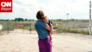 Hannah Palmer and her son explore the area near the Atlanta airport where her childhood homes once stood.