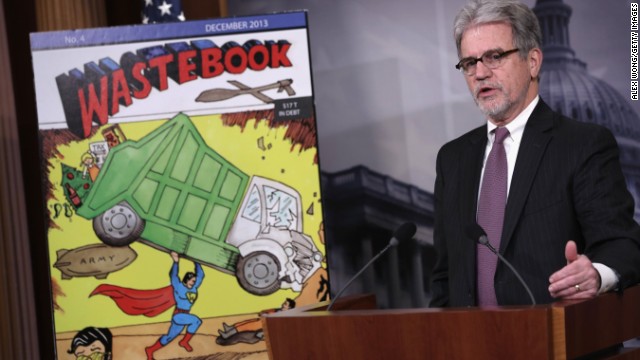 Sen. Tom Coburn, R-Oklahoma, speaks during a news conference to release his annual report of what he calls 