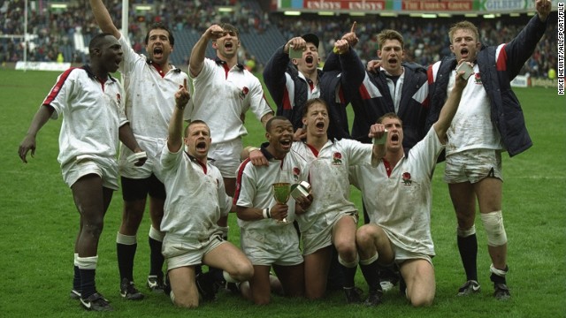 England players celebrate 1993's victory at the inaugural Rugby World Cup Sevens at Murrayfield. 