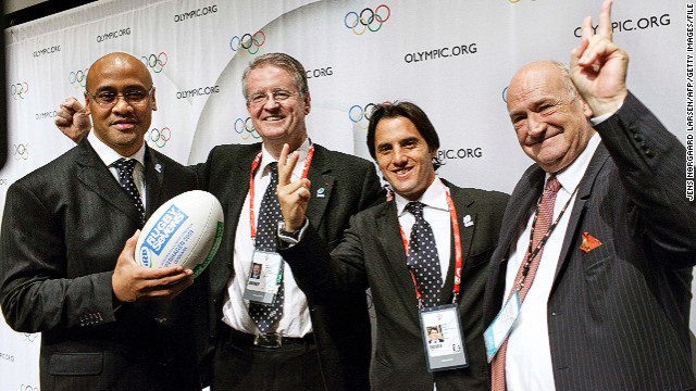 (From left to right) New Zealand rugby legend Jonah Lomu, International Rugby Board president Bernard Lapasset, Argentina's rugby chief Porfirio Carreras and French counterpart Pierre Camou celebrate after sevens was included as a sport for the 2016 Olympic Games in Rio de Janeiro.