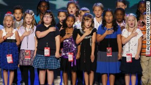Third graders from a local school lead the Pledge of Allegiance during a walkthrough before the start of of the Democratic National Convention September 4, 2012 in Charlotte, North Carolina. 