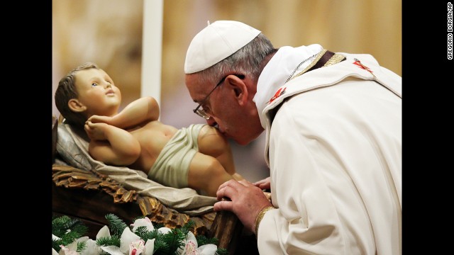 Pope Francis kisses a statue of baby Jesus. "Our Father is patient. He loves us, he gives us Jesus to guide us on the way which leads to the promised land. Jesus is the light who brightened the darkness. Our Father forgives always. He is our peace and light."