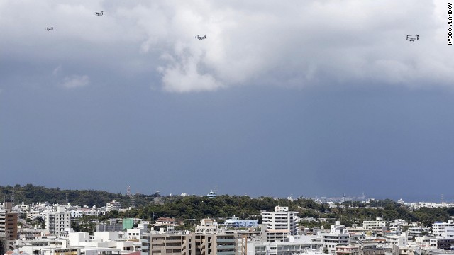 MV-22 Osprey aircraft head for the U.S. Marine Corps' Futenma Air Station on August 12, as the U.S. military resumed transport of Ospreys from the Iwakuni base after a fatal helicopter crash. 