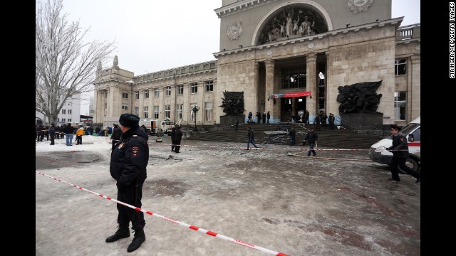 Russian security forces stand guard outside a train station in Volgograd, following a suicide bomb attack on Sunday, December 29.