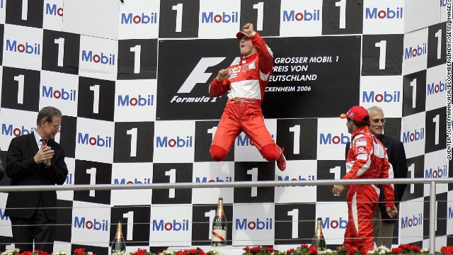 Schumacher celebrates his win at the Formula 1 Grand Prix of Germany in 2006 in Hockenheim, Germany.